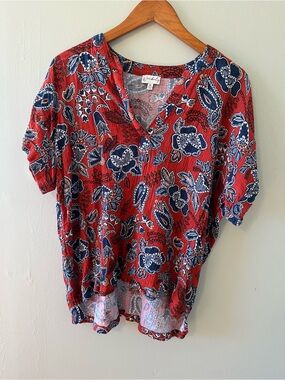 Wonderly Red Paisley Floral V-Neck Blouse with Navy Accents 100%Cotton